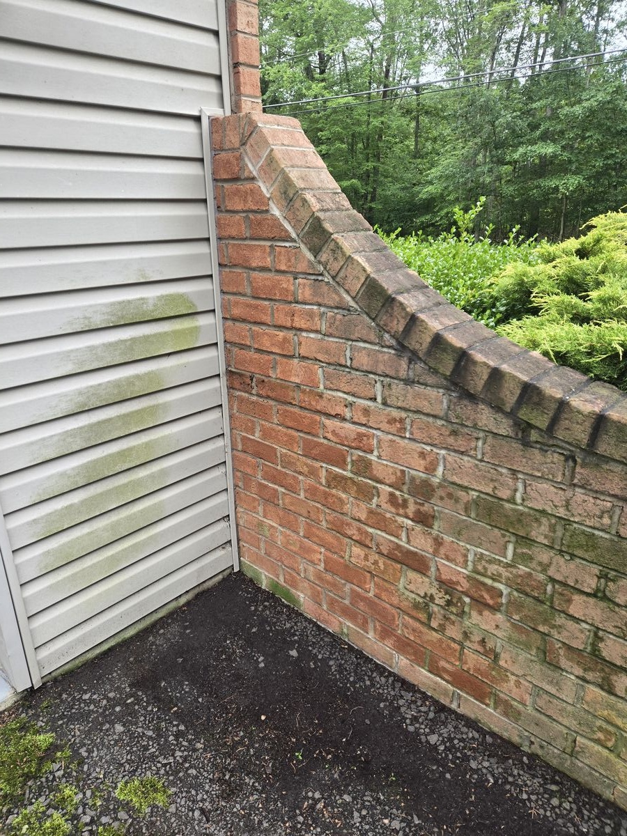 Brick and siding before pressure washing